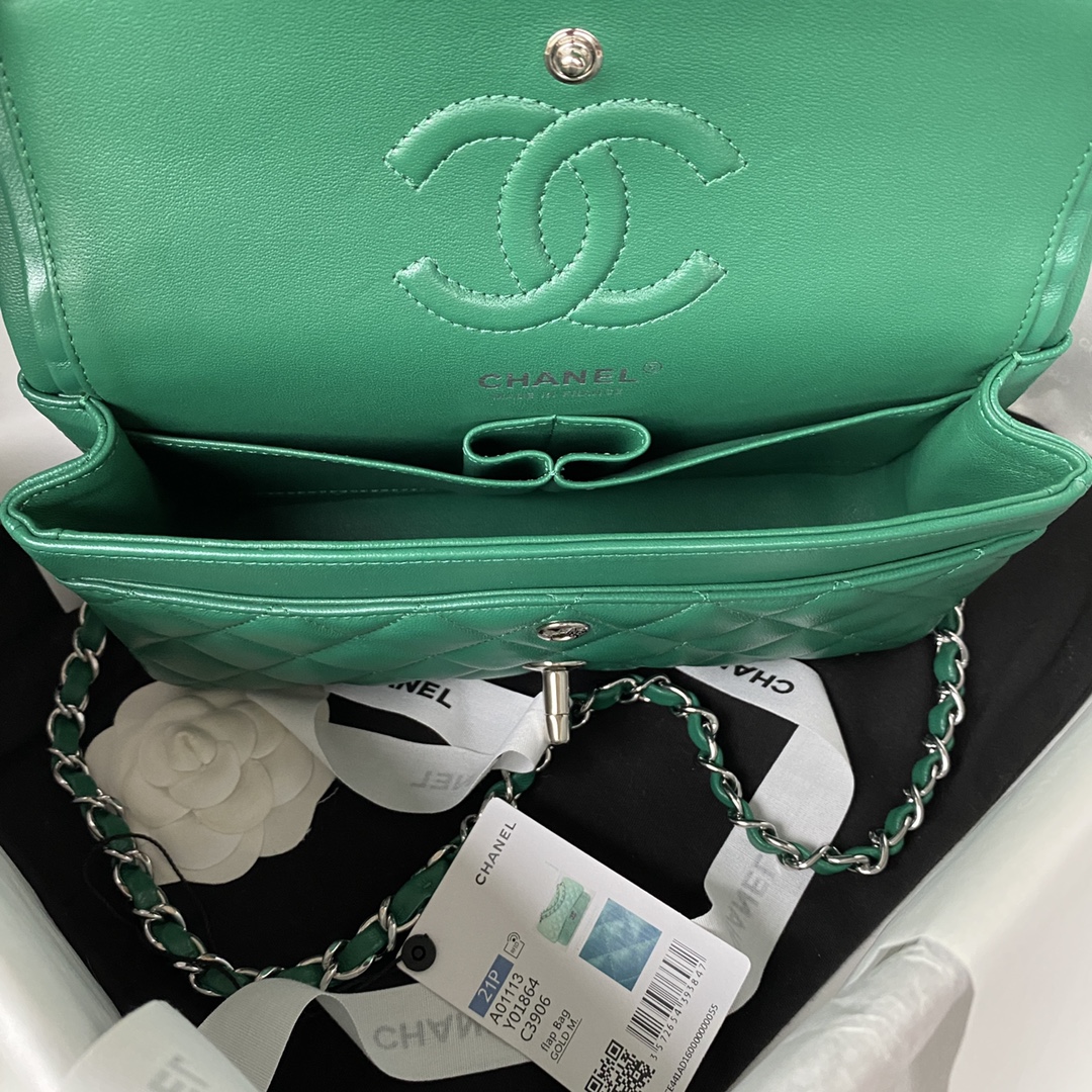 Classic Flap Lambskin Bag A01113 Green/Silver